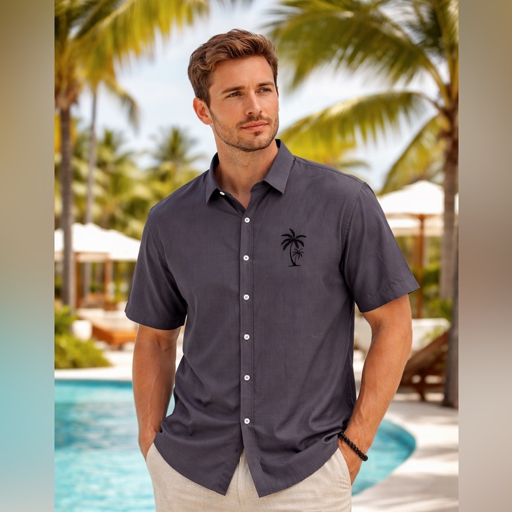 ALOHA Charcoal Men’s Button Down Shirt with Black Palm Tree NWT XL